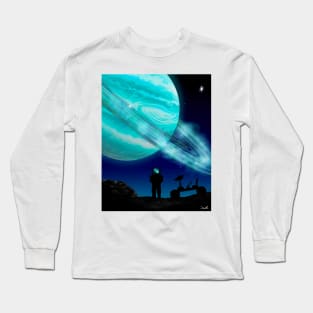 Blue ringed planet and astronaut Long Sleeve T-Shirt